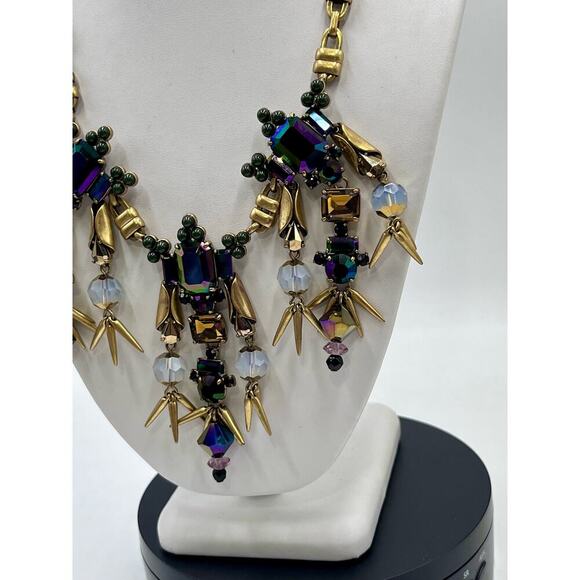J. Crew Iridescent Dark Purple Green Rhinestone Spear Dangles Bib Necklace - Picture 3 of 9